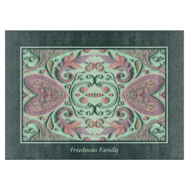 Planche À Découper Coeurs floraux roses de Bohême sur verre Turquoise (Devant)