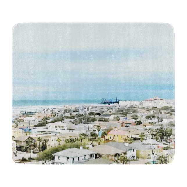 Planche À Découper Côte de Galveston, plage et vue sur la ville (Devant)