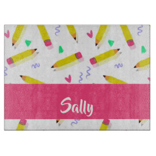 Planche À Découper Crayons et rayures jaunes sur blanc