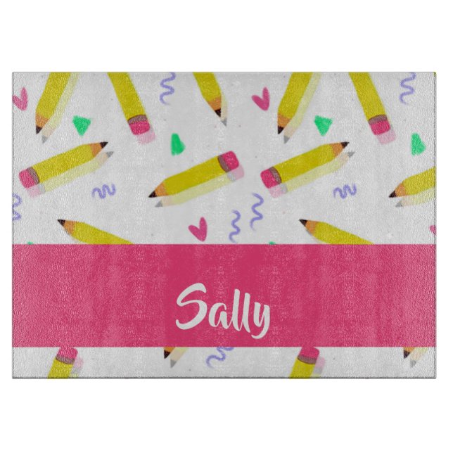 Planche À Découper Crayons et rayures jaunes sur blanc (Devant)