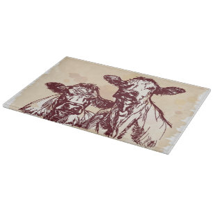 Planche À Découper Croquis d'aspiration de main de deux vaches et cru