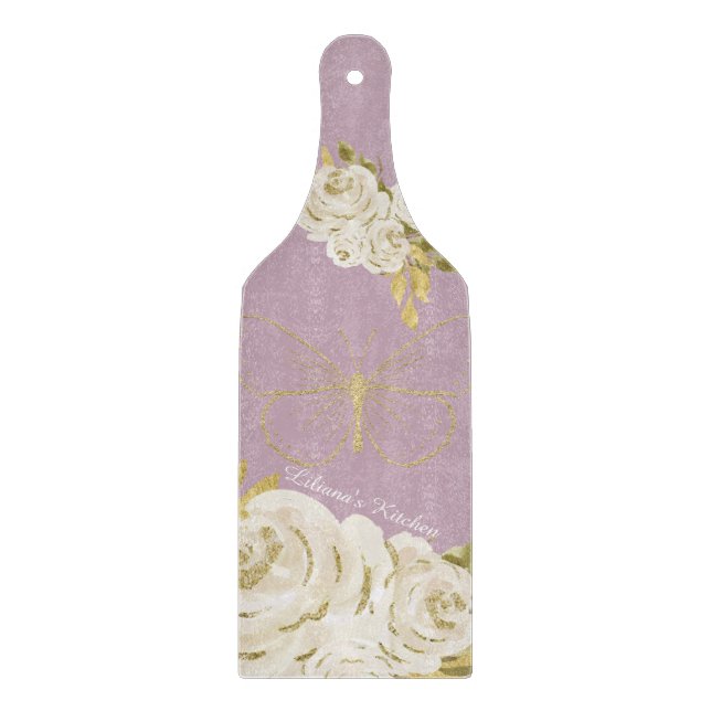 Planche À Découper Cuisine rose Floral Aquarelle Fleurs Papillon B (Devant)