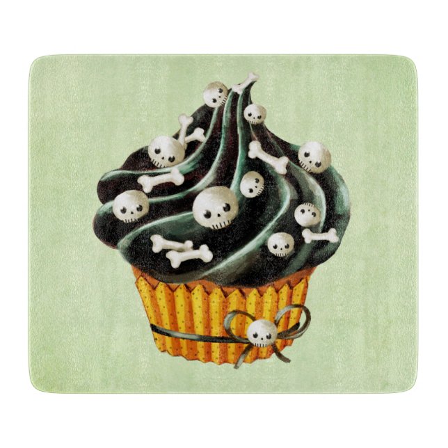 Planche À Découper Cupcake d'Halloween noir avec de minuscules crânes (Devant)