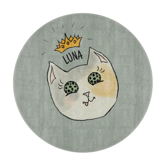 Planche À Découper Custom Cat Name Art - Chubby White Cat with Crown (Devant)