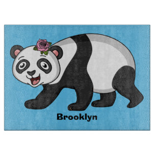 Planche À Découper Cute happy panda bear with flower cartoon