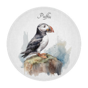 Planche À Découper Cute Puffin sur une roche aquarelle