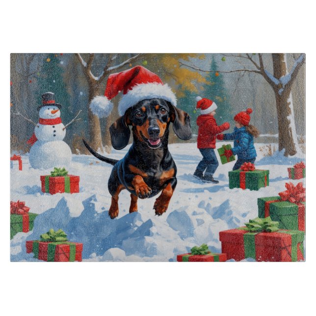 Planche À Découper Dachshund Courir en neige avec Casquette de Noël (Devant)