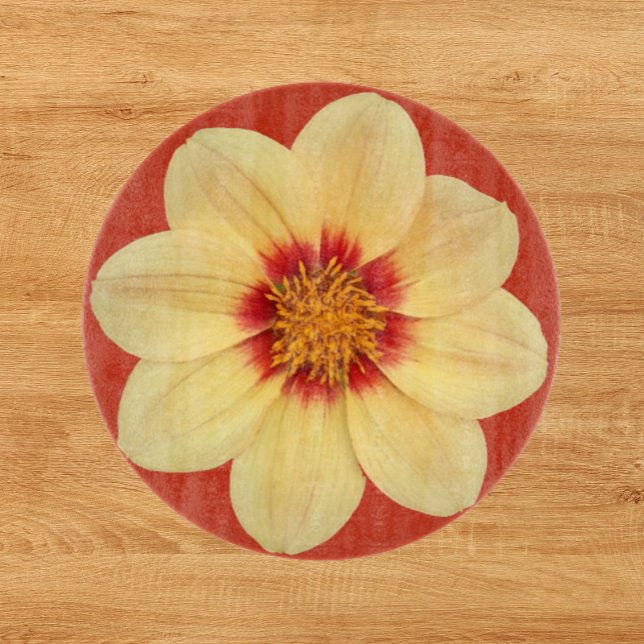 Planche À Découper Dahlia jaune sur la Flore rouge (In Situ)