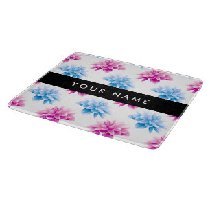 Planche À Découper Dahlia rose et bleu, motif floral, Votre nom
