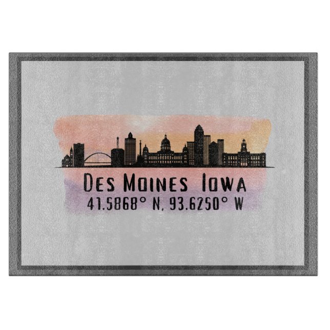 Planche À Découper Des Moines IA City Skyline Latitude et Longitude (Devant)