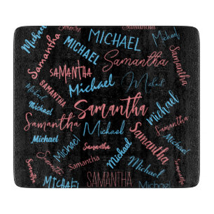 Planche À Découper Deux noms couples motif monogramme bleu rose clair