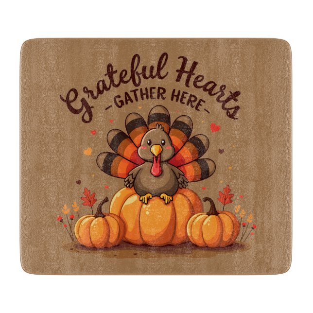 Planche À Découper Dinde de Thanksgiving à cœur reconnaissant (Devant)