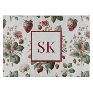 Planche À Découper Douce Fraise & Motif Floral Monogramme Personnalis