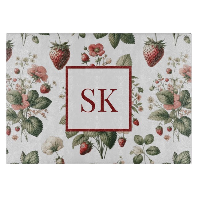 Planche À Découper Douce Fraise & Motif Floral Monogramme Personnalis (Devant)