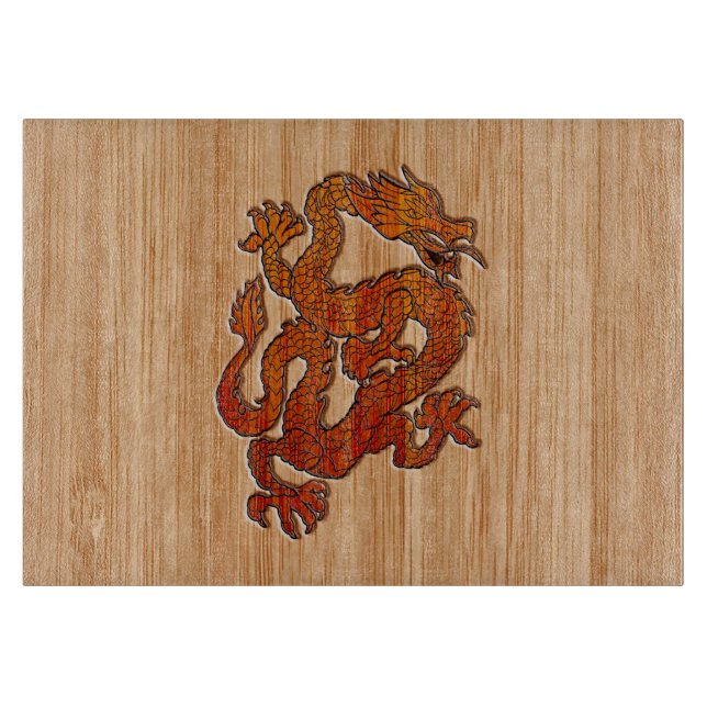 Planche À Découper Dragon Oriental Rouge en Bambou (Devant)