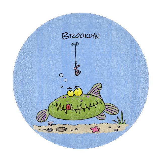 Planche À Découper Drôle gras affamé poisson vert dessin de pêche (Devant)