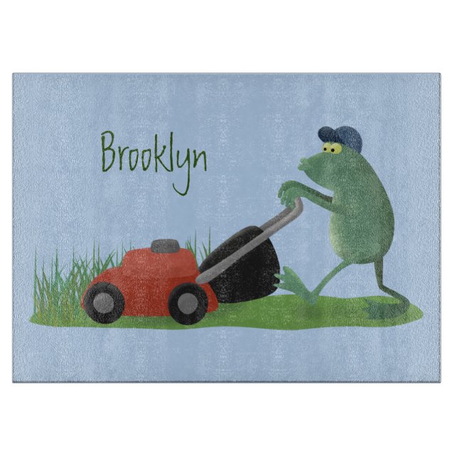 Planche À Découper Drôle grenouille verte tondre la pelouse dessin (Devant)