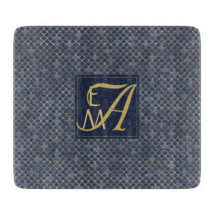 Planche À Découper Écailles de Sirène Monogramme Bleu Nuit Or Décorat