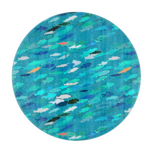 Planche À Découper École de Poissons, Turquoise, Bleu et Aqua