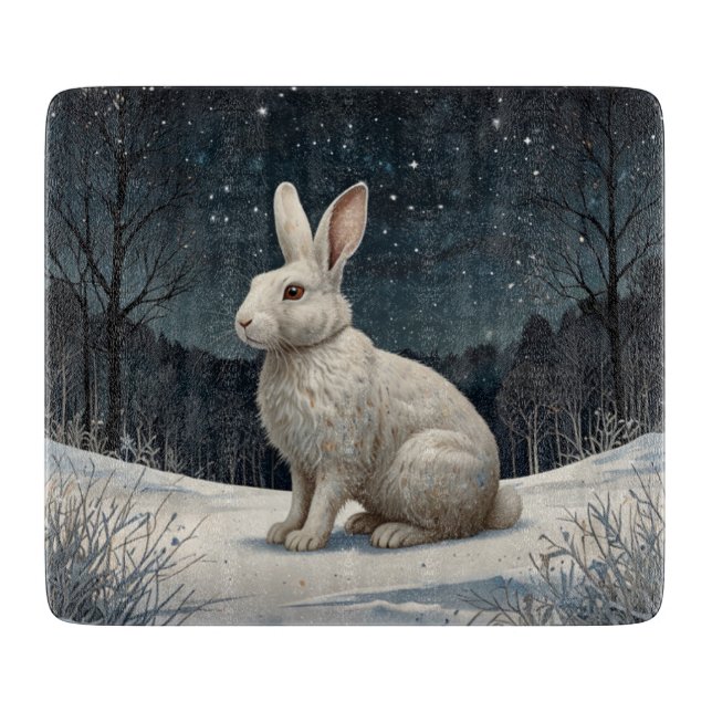 Planche À Découper Elégant lapin blanc Noël forêt enneigée (Devant)