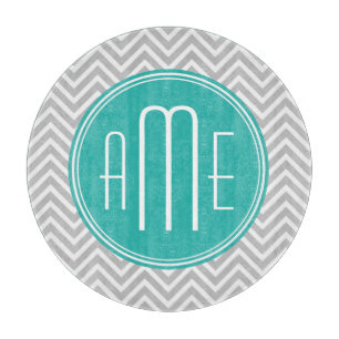 Planche À Découper Élégant Moderne Monogramme Gris Chevron et Menthe