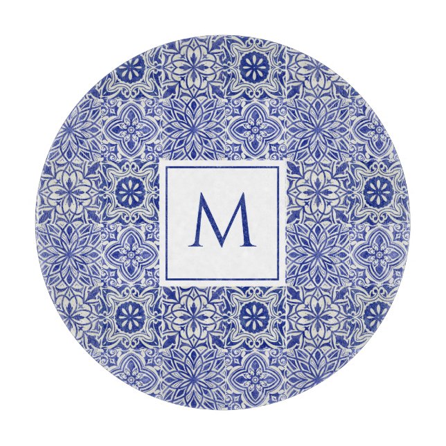 Planche À Découper Élégant Monogramme Bleu Blanc (Devant)