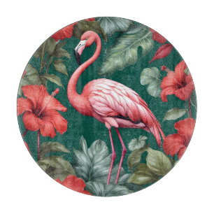 Planche À Découper Elégante Flamant rose Hibiscus Fleurs Emerald Gree