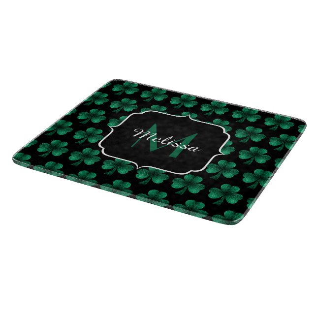 Planche À Découper Emerald Green Sparkle Shamrock noir Monogramme (Coin)