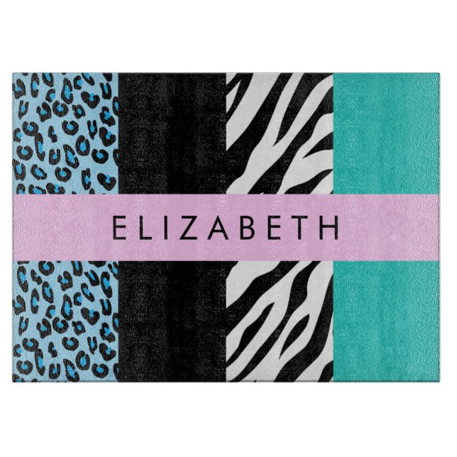 Planche À Découper Empreinte de léopard, Zebra Print, Bleu, Votre nom (Devant)