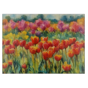 Planche à découper en verre d'art aux tulipes
