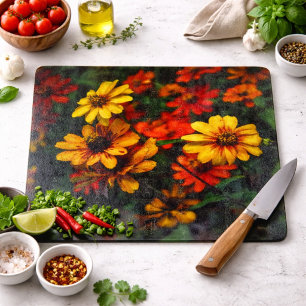 Planche à découper en verre Fleur botanique jaune 