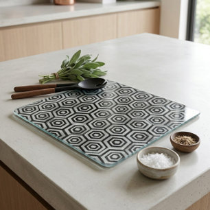 Planche à découper en verre noir blanc géométrique