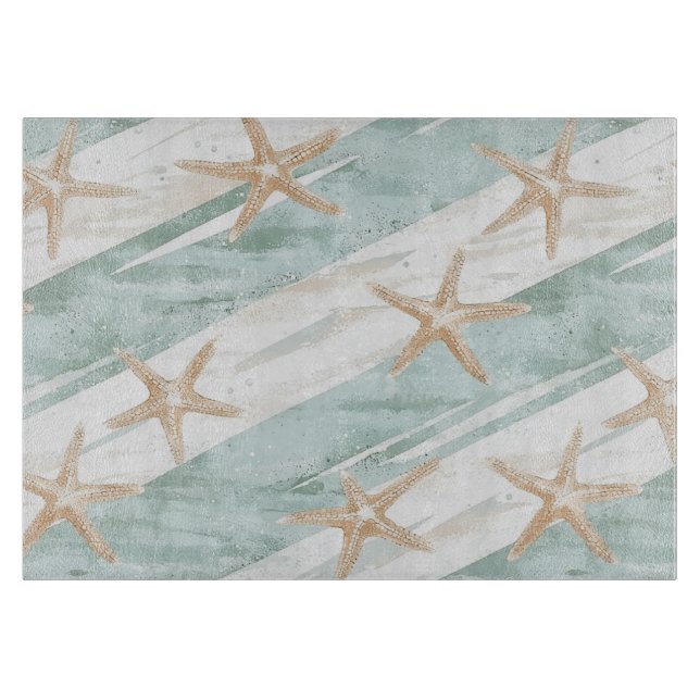 Planche À Découper Étoiles de mer rayures aqua menthe de plage   (Devant)