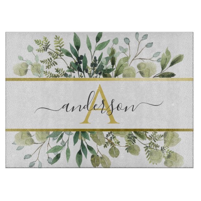 Planche À Découper Eucalyptus aquarelle et verdure | Monogramme (Devant)