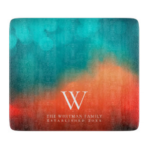 Planche À Découper Famille Monogramme Art Abstrait Turquoise Orange C