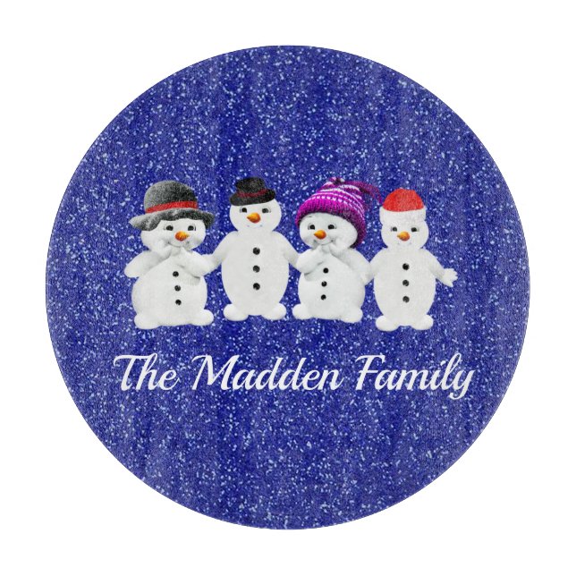 Planche À Découper Family of Four Snowmen Blue Sparkle Winter   (Devant)