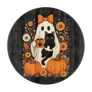 Planche À Découper Fantôme groovy d'Halloween tenant un chat noir flo
