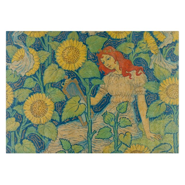 Planche À Découper Femme-fille de fleurs dans le jardin de tournesol (Devant)