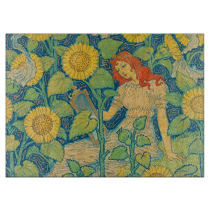Planche À Découper Femme-fille de fleurs dans le jardin de tournesol