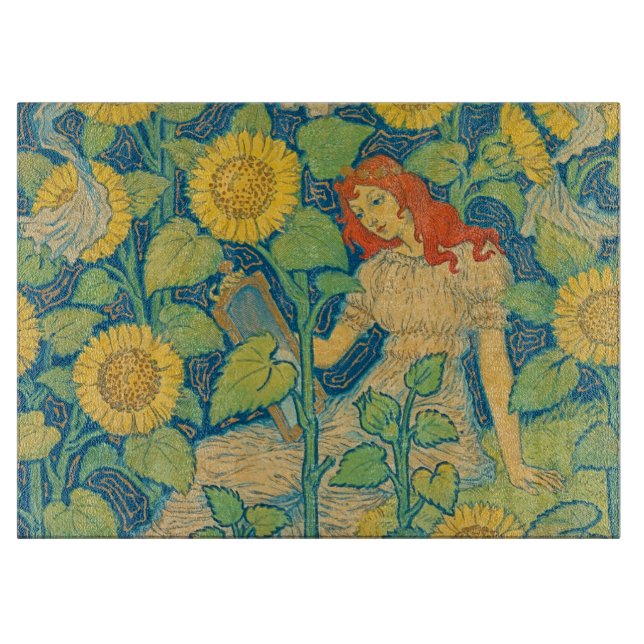 Planche À Découper Femme-fille de fleurs dans le jardin de tournesol (Devant)