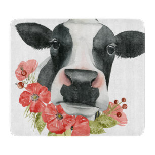 Planche À Découper Ferme de pavot - vache avec des fleurs
