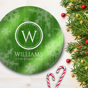 Planche À Découper Festif Green Foil Snowflakes Nom du monogramme