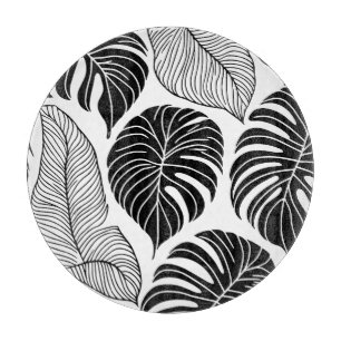 Planche À Découper Feuilles tropicaux modernes noirs et blancs