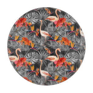 Planche À Découper Flamant rose et fleurs, motif monochrome.