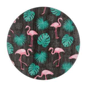 Planche À Découper Flamant rose, palmiers feuilles : aquarelle tropic