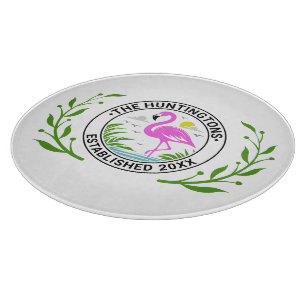 Planche À Découper Flamant rose rose dans l'eau Nom de famille Date E