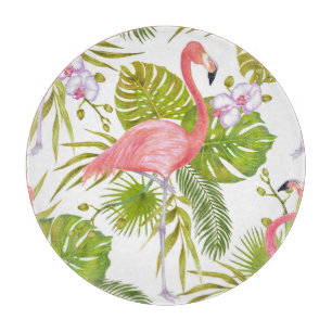 Planche À Découper Flamants roses, orchidées : motif aquarelle.