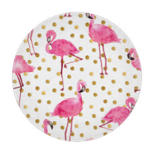 Planche À Découper Flamants roses, points dorés, aquarelle.