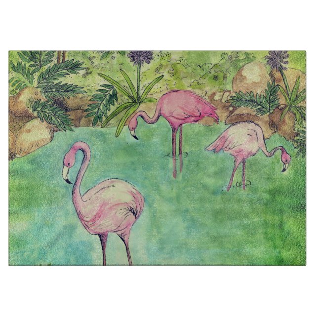 Planche À Découper Flamants roses roses en verre (Devant)