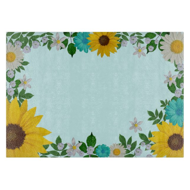 Planche À Découper Fleur de tournesol rustique Faisée Turquoise (Devant)